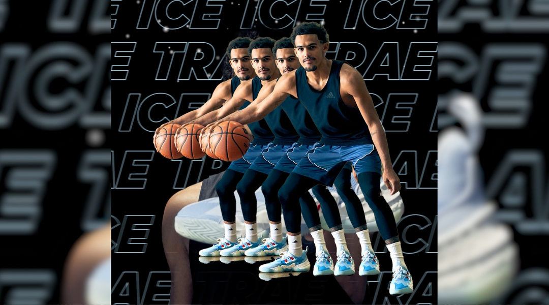 NBA player Trey Young of the Atlanta Hawks bouncing Adidas basketball in a graphics of multiple clones of him