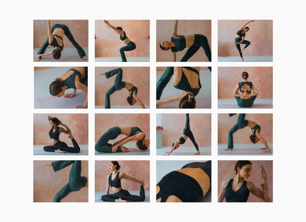 A collage of photos with model posing in different Yoga techniques and positions