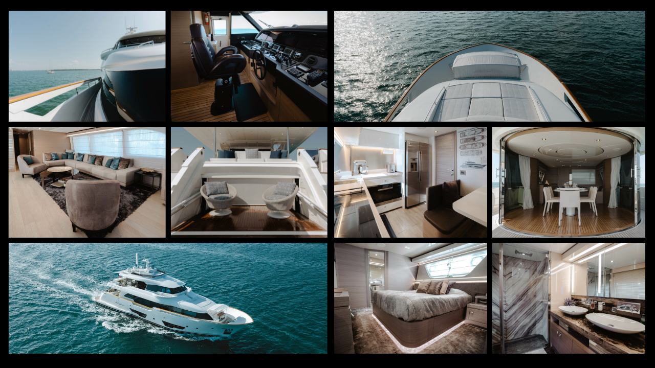 Collage images of Yacht in Miami ocean featuring different areas in the boat