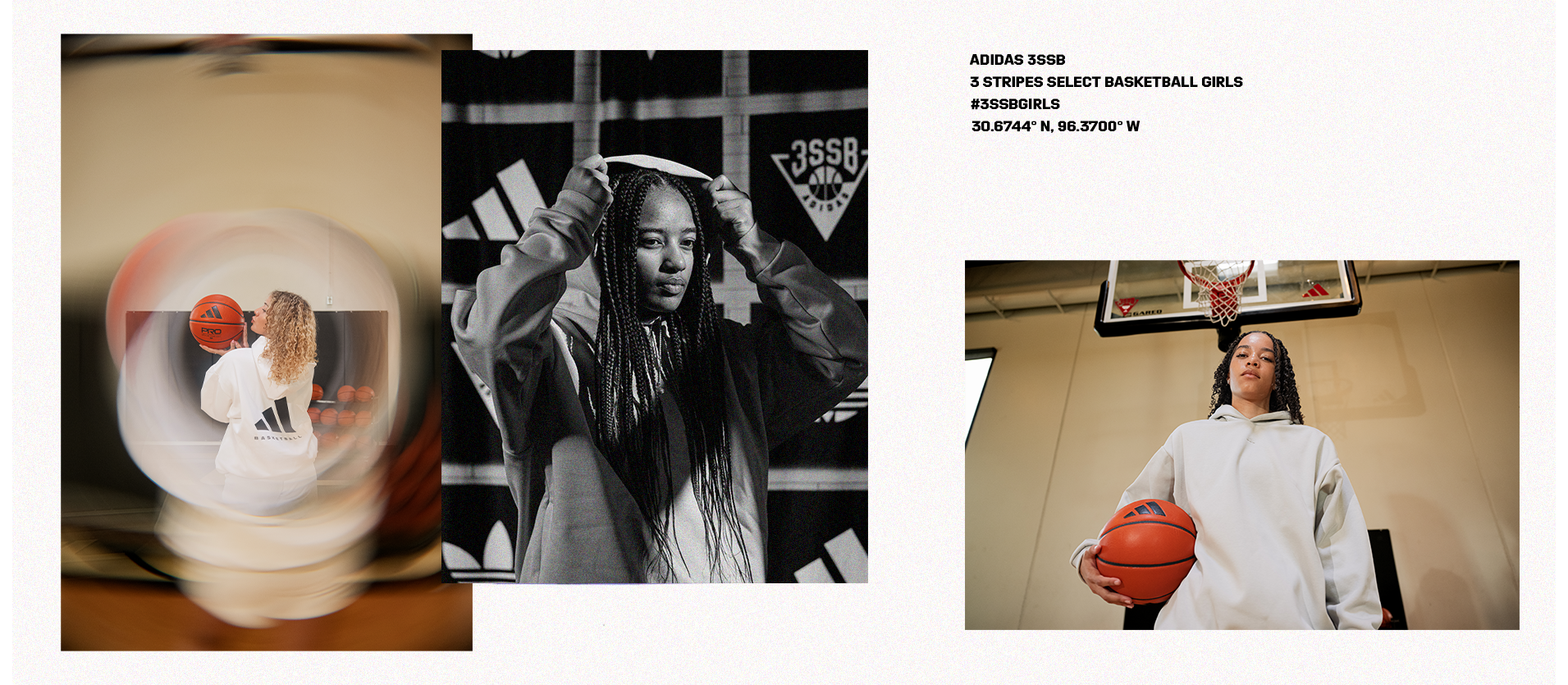 Collage of photos of Woman in photos holding an Adidas basketball for the girls 3SSB tournament hosted by Adidas.