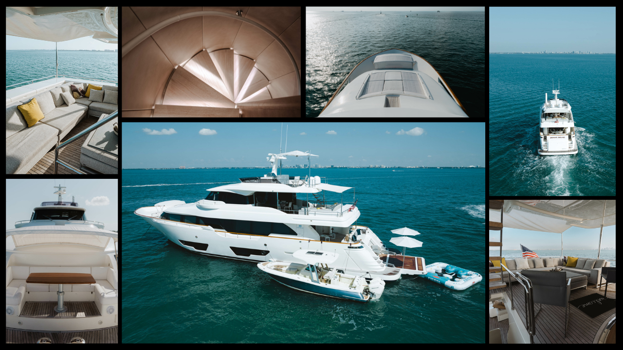 Collage images of Yacht in Miami ocean featuring different areas