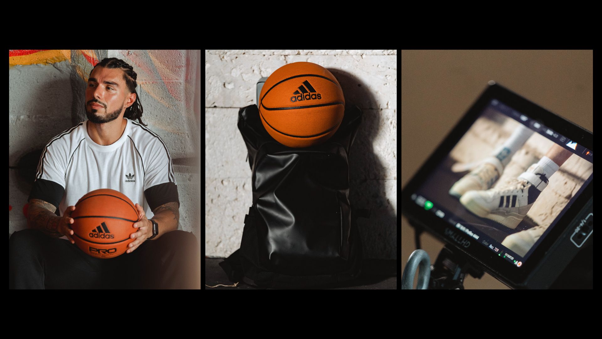 Latino model holding Adidas Basketball, Adidas Basketball on top of backpack, and Adidas forum shoes on production monitor of screen.