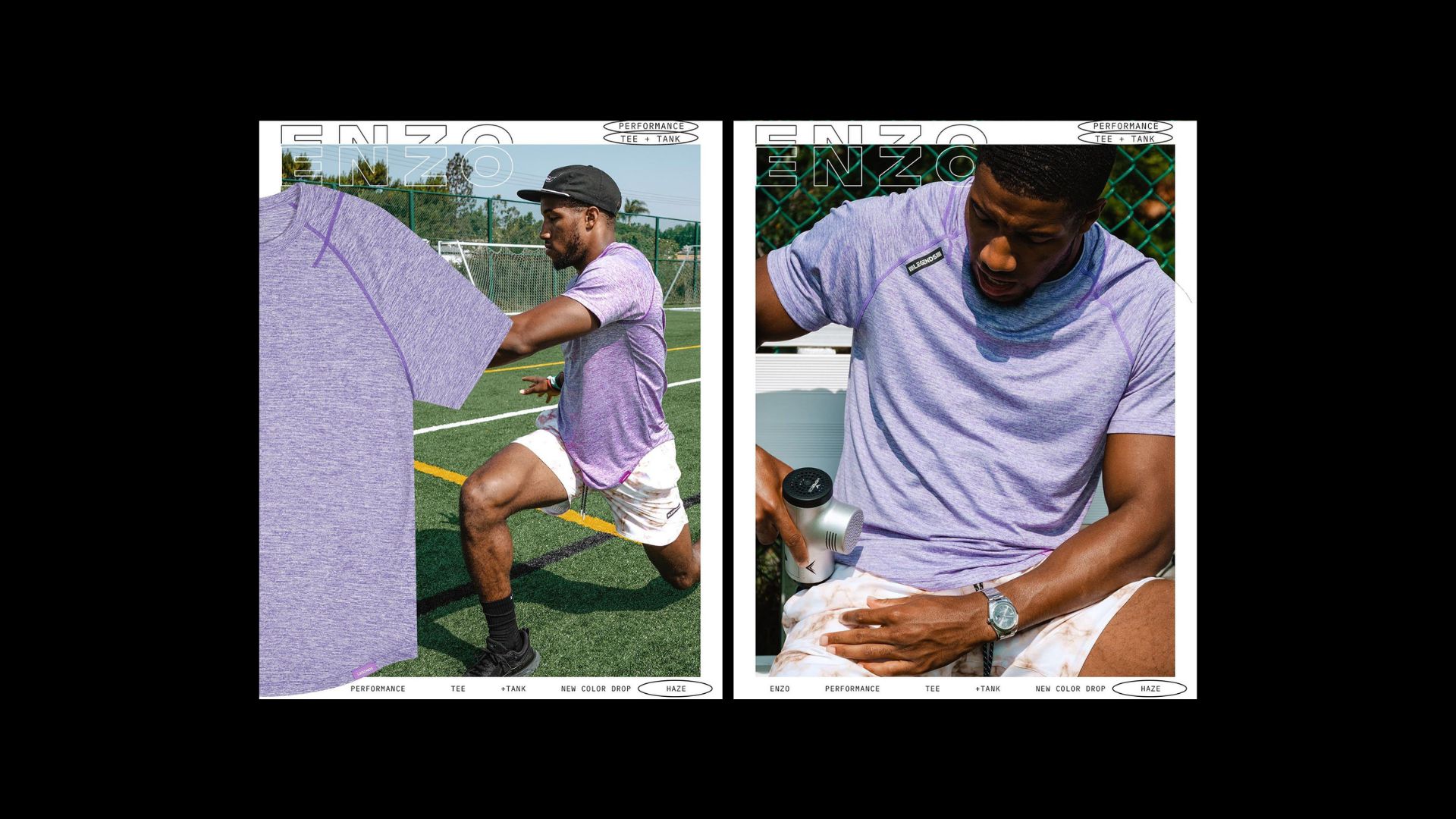 Marlon N. Humphrey of the NF, cornerback for the Baltimore Ravens, stretching outdoors on a field and recovering. Wearing ENZO Legends brand performance tee.