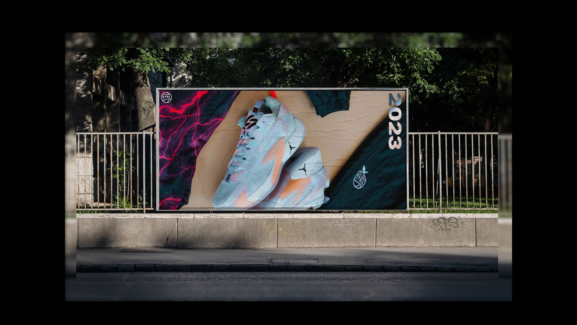 A billboard showcasing a pair of the Jordan Luka 2 trendy sneakers, enticing viewers with its stylish design and allure.