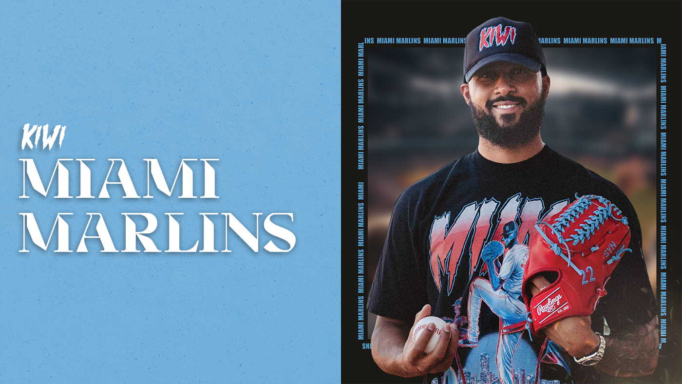 Sandy Alcantara of the Miami Marlins posing for the Kiwi Clothing Brand with Red iconic glove