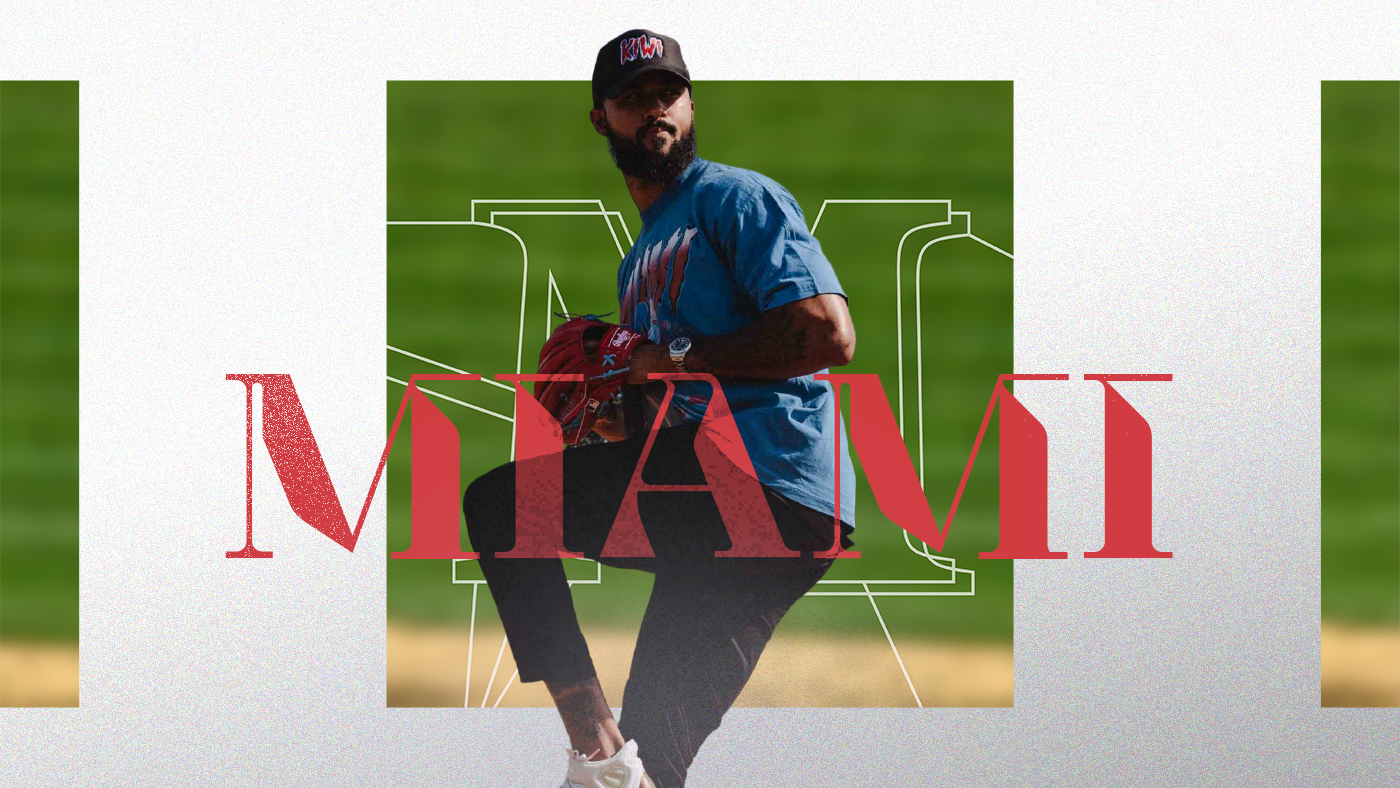 Sandy Alcantara of the Miami Marlins pitching with Kiwi Brand clothing