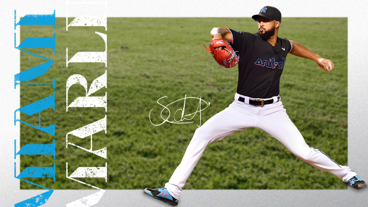 Sandy Alcantara of the Miami Marlins pitching with black uniform