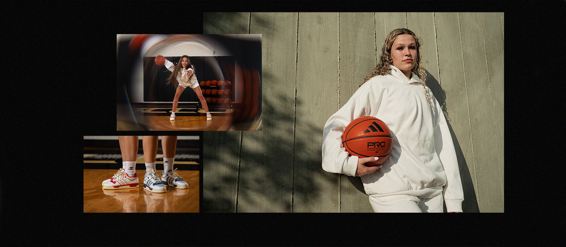 Woman leaning against concrete background holding Adidas basketball for 3SSB tournament.