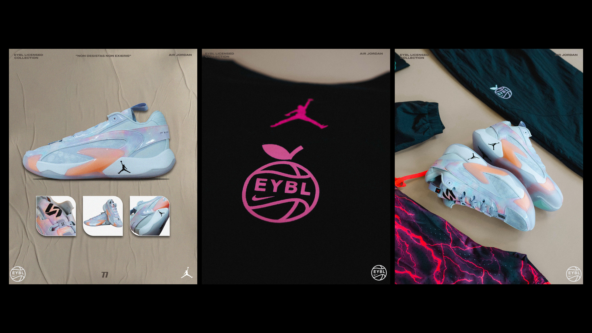 A collection of diverse sneakers showcasing various styles and designs of the Luka 2, 2023 Nike EYBL uniforms provided by Jordan Brand.